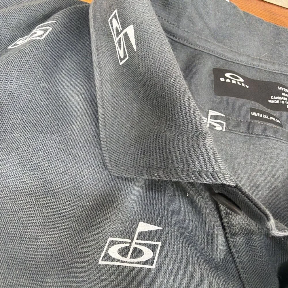 Oakley Hydrolix Golf Flag Print Gray Performance Stretch Polo Shirt Mens Sz XXL
